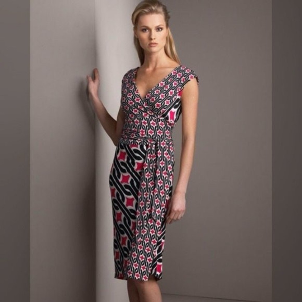 Diane Von Furstenberg Willow Black, White & Pink Silk Wrap Dress - V-neck - Midi